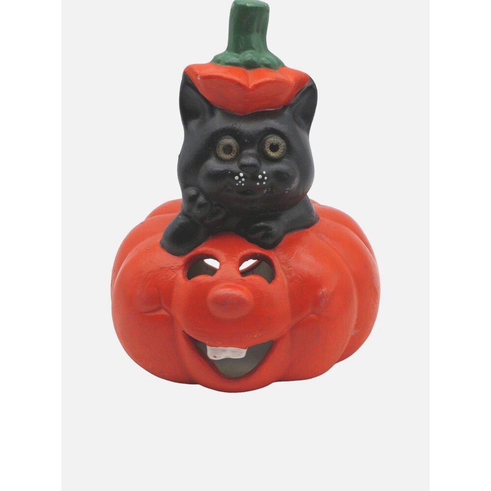Ceramic Halloween Black Cat in Jack O Lantern Pumpkin Figurine 6.25"